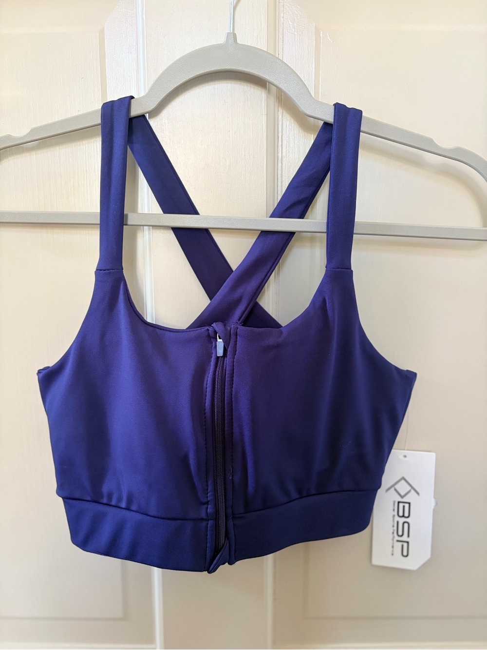 Cobalt Blue Front-Zip Sports Bra with Cross-Back Straps